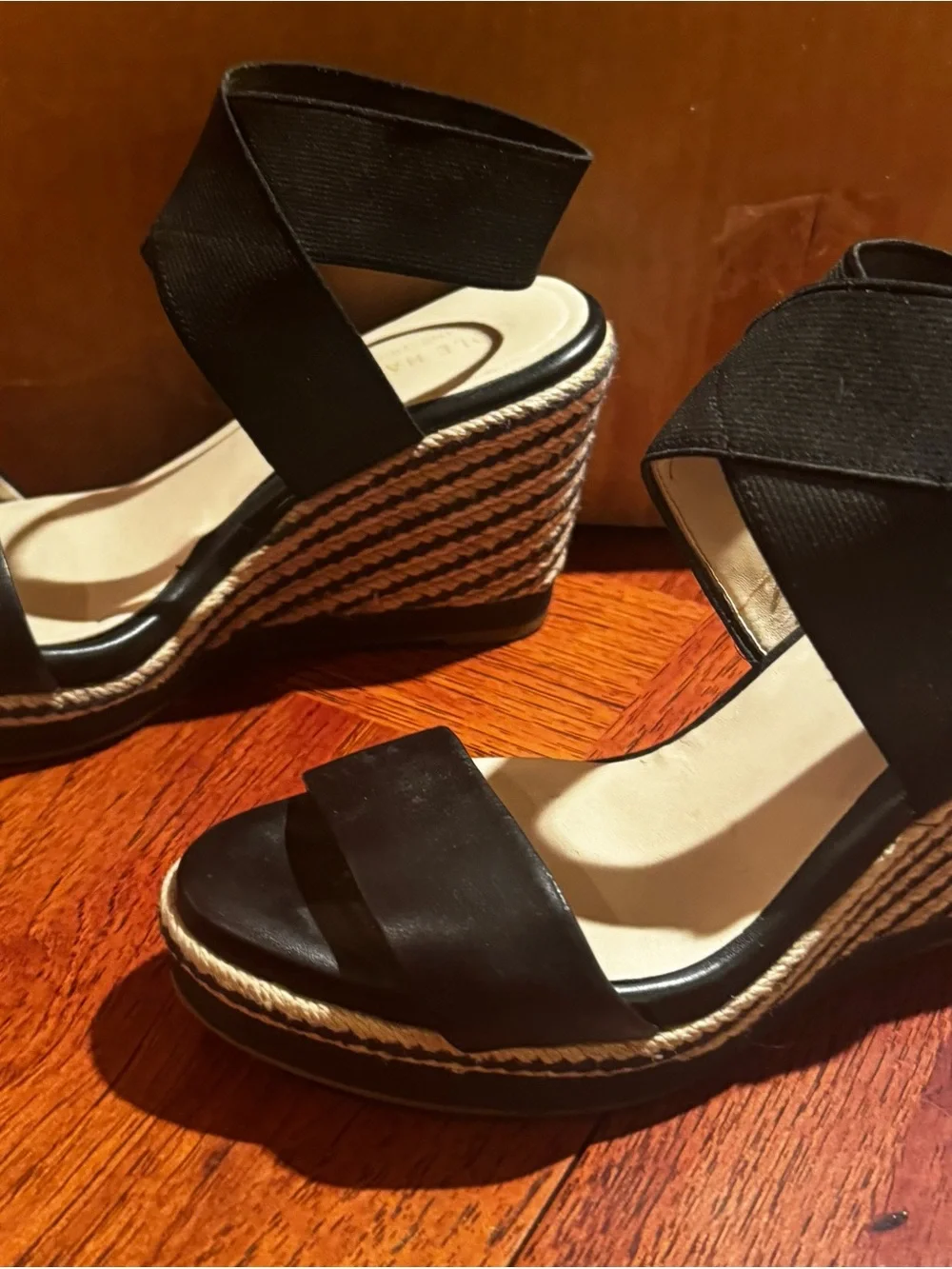 Cole Haan Black Espadrille Wedge Sandals with Natural Rope Details